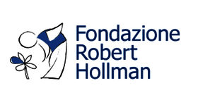 L'immagine rappresenta il logo di Fondazione Robert Hollman. Il logo è rappresentato da un fiore sulla sinistra, una persona chinata su di esso che lo osserva e la scritta Fondazione Robert Hollman sulla destra di colore blu con un font ben leggibile
