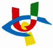 The image represents the logo of UCI: Italian Union of the Blind and Visually Impaired. It is an intertwined letter structure with a light blue c intertwined with a red, white and green u and the lower letter i in yellow