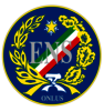 The image shows a circular logo of ENS: National Board for the Protection and Assistance of the Deaf. The logo is circular and blue with yellow leaves and ENS lettering in the center in gray above a tricolor sash